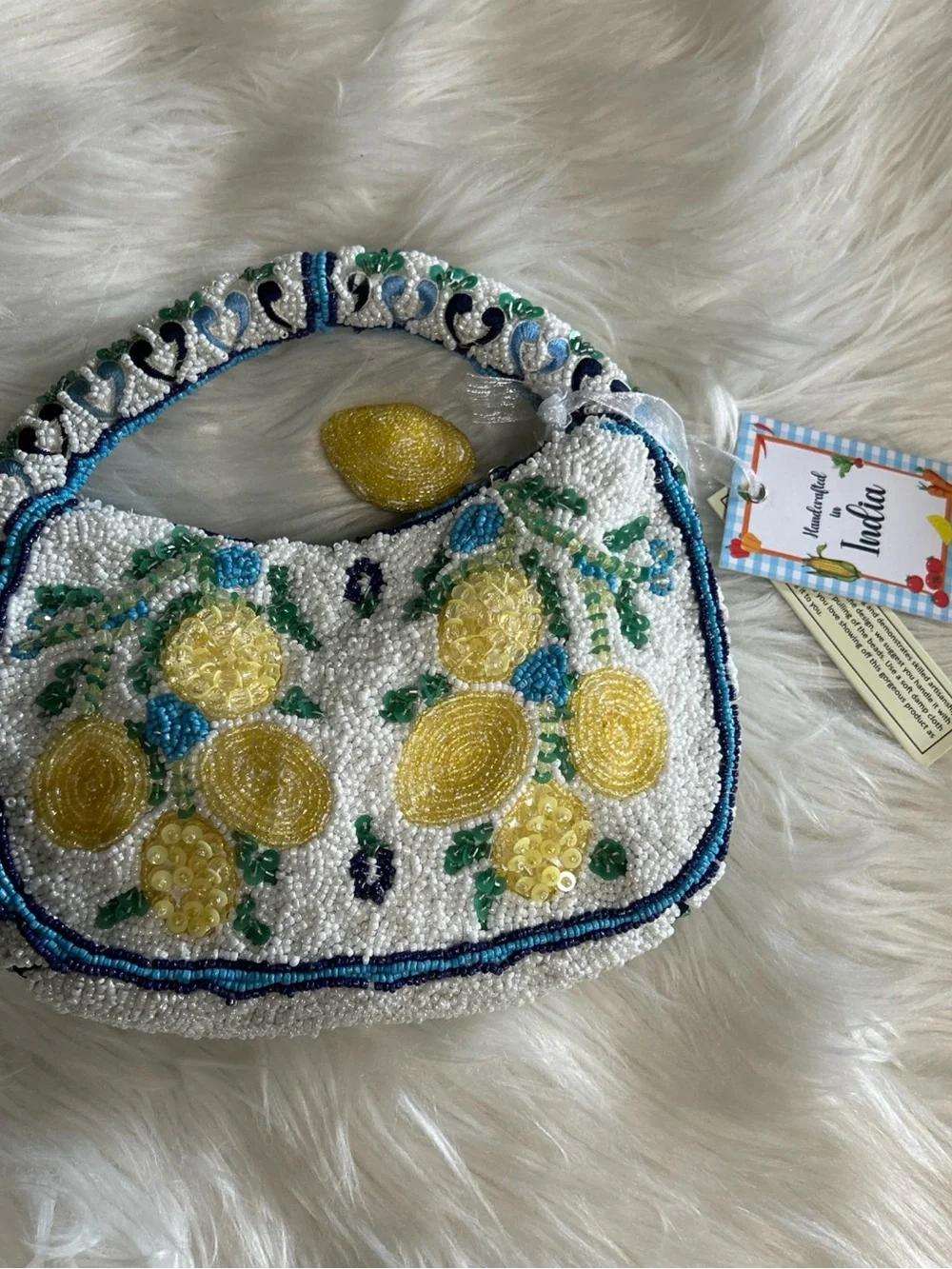 Beaded Lemon Motif Clutch in White and Yellow